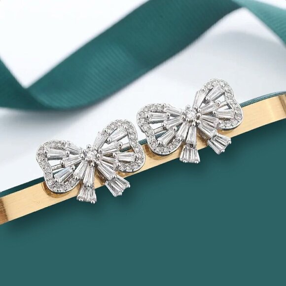 New 14K White Gold Plated Delicate Women’s CZ Pave Bow Stud Earrings - Picture 6 of 11